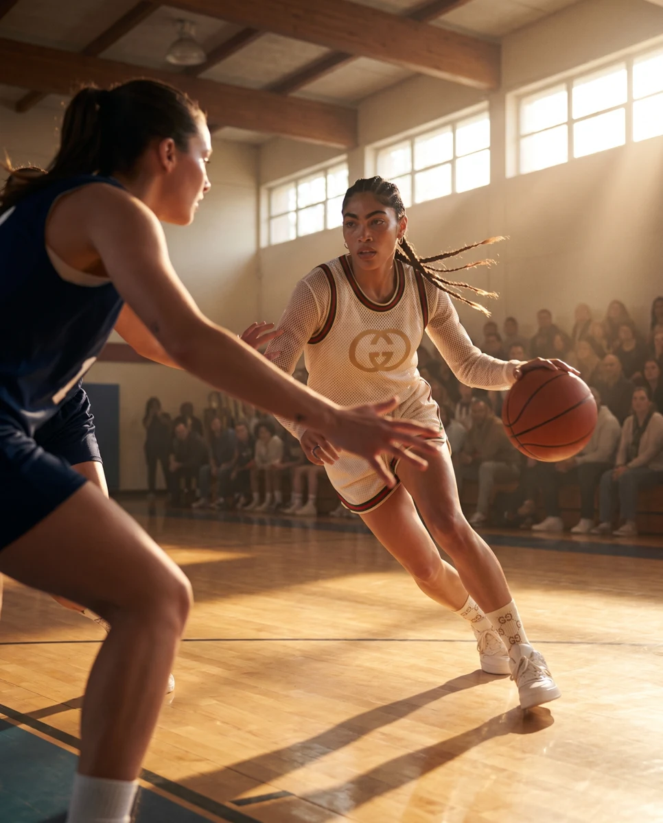 Basketball players in a warmly lit indoor court