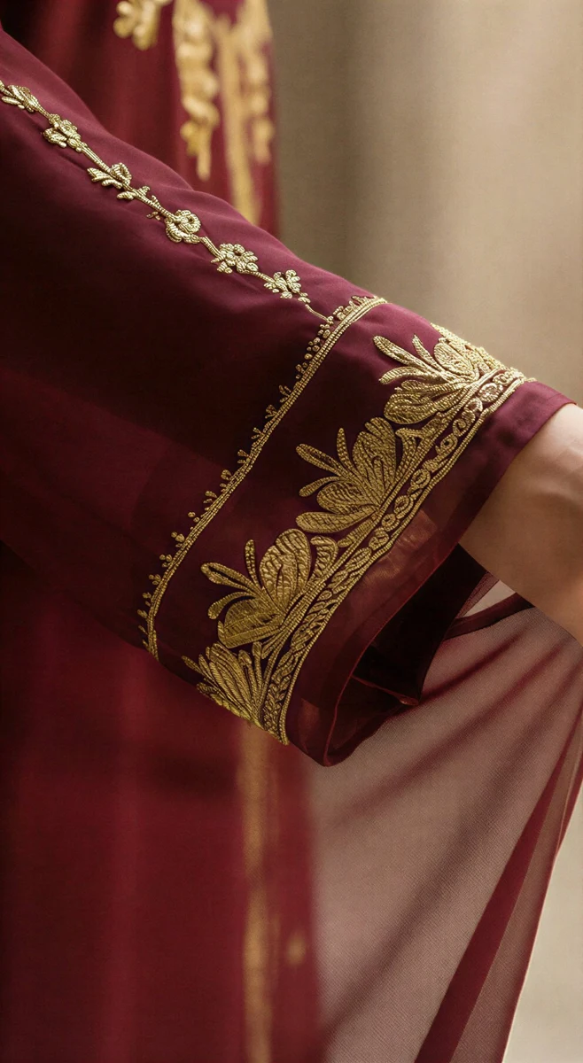 Gold embroidery on a burgundy garment