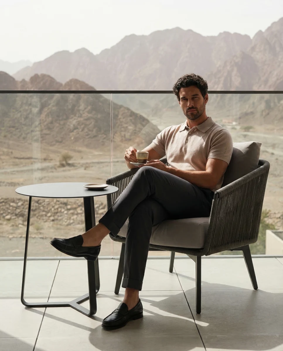 Menswear lifestyle portrait on a mountain terrace