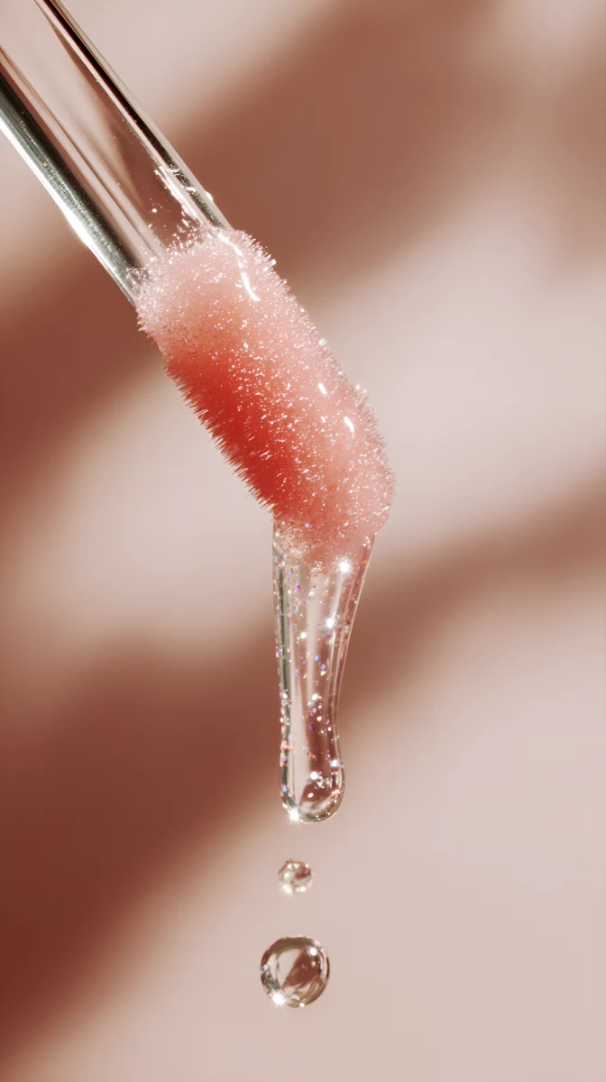 Close-up of a pink beauty applicator and suspended drops
