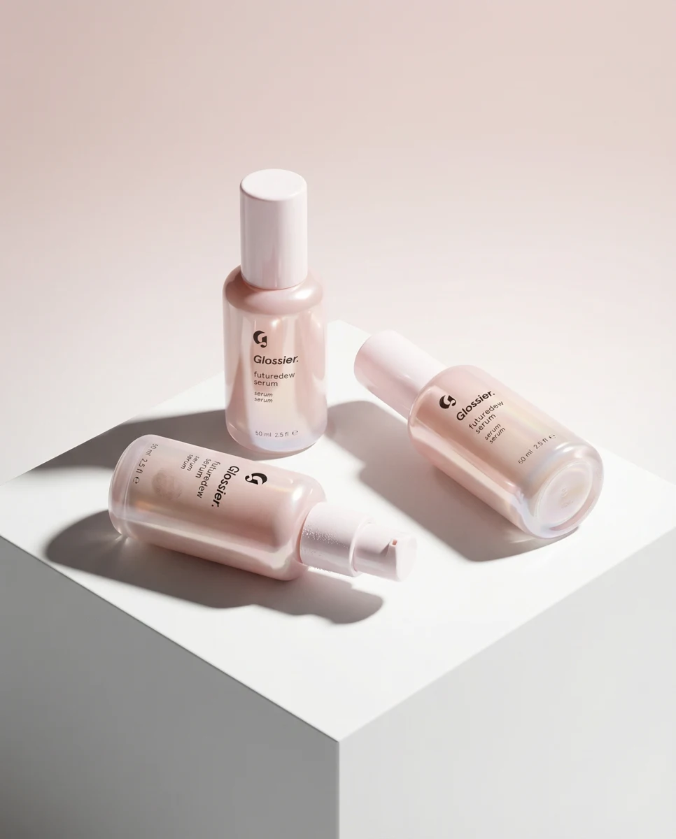 Beauty products arranged on a sunlit white display