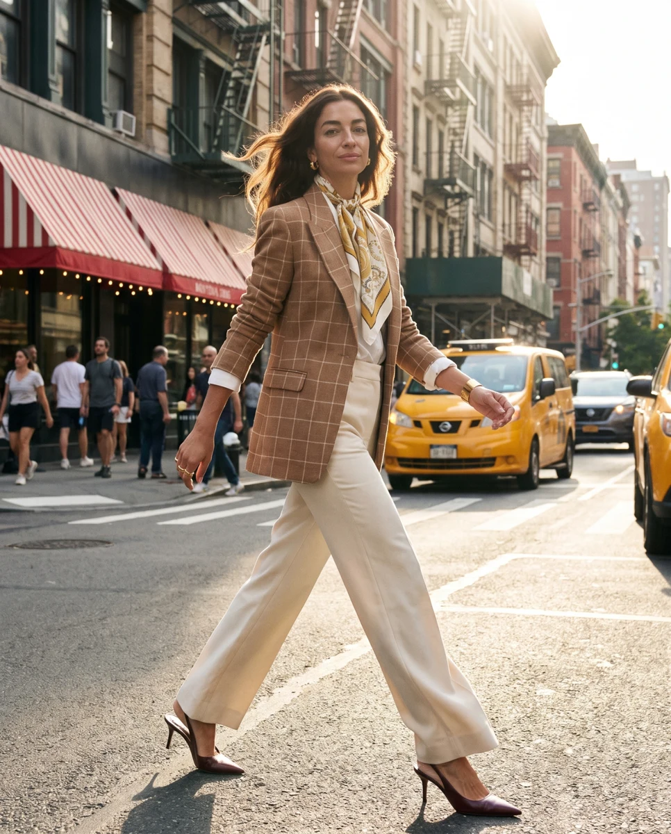 Fashion portrait on a city street with yellow taxis