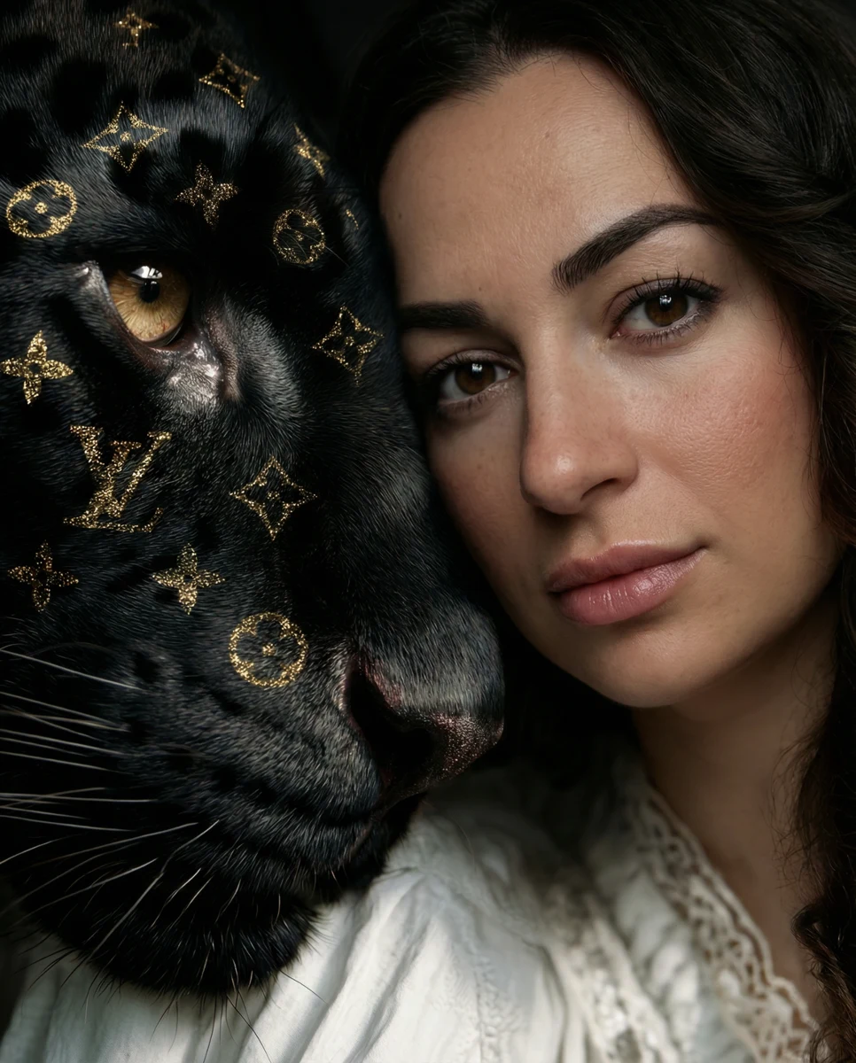Editorial portrait of a woman beside a black big cat