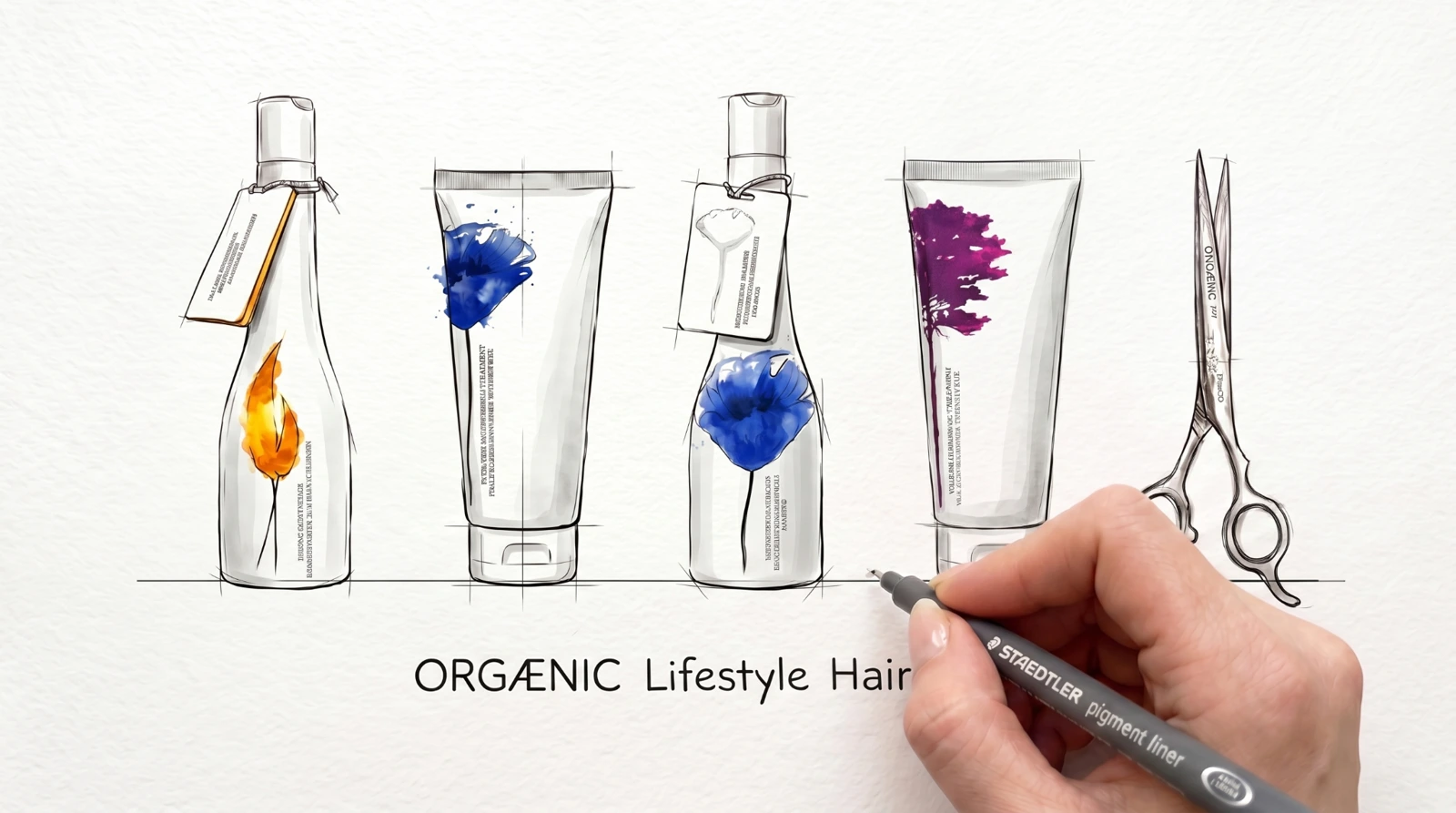 Illustrated Orgaenic haircare products and scissors from the Ciao ciao explainer
